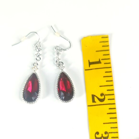 Vintage Silver-Tone & Red Stone Teardrop Rhinestone Dangle Earrings - Picture 3 of 3